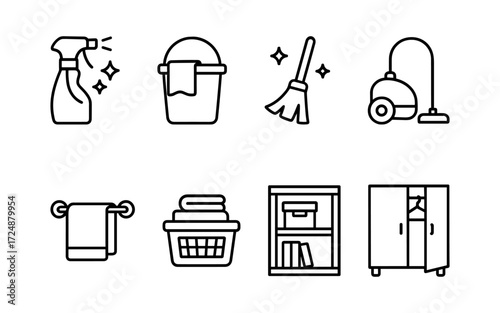 Cleaning and organizing tools icons set. Household chores, vacuum, mop, storage and laundry. Outline vector illustrations