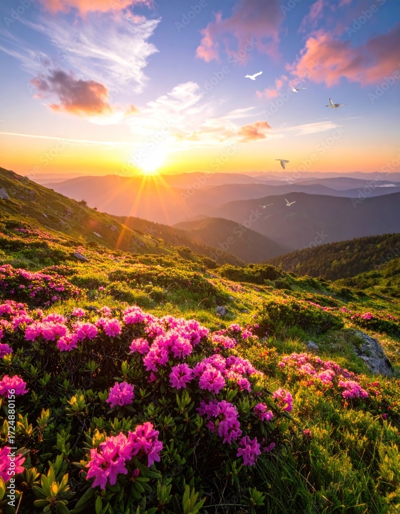 Fototapeta premium Stunning landscape featuring a mountain slope covered in vibrant pink flowers with a golden sunset painting the sky with warm hues