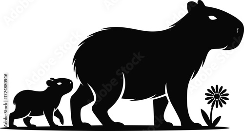 Capybara silhouette with baby animal, nature wildlife, jungle mammals, cute baby capybara, animal family, wild creature, flora detail, side view