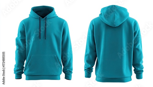 Teal pullover hoodie shown in front and back views on a white background; simple design, kangaroo pocket