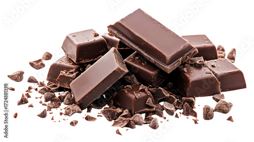 Chocolate pieces and crumbs isolated on a transparent background