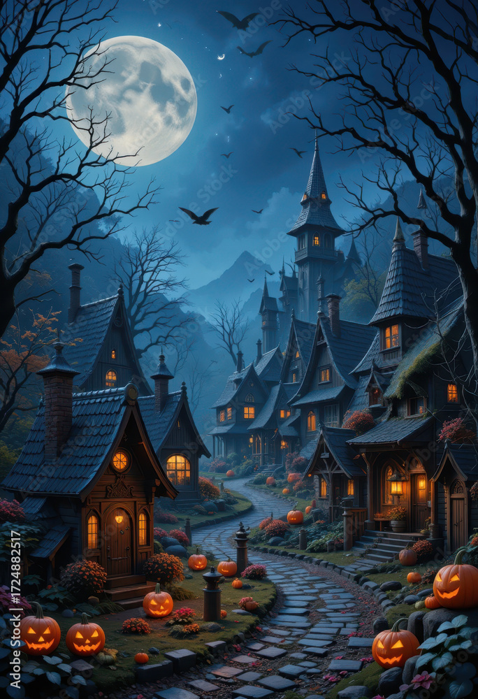 Fototapeta premium Spooky halloween night adventure in a haunted village eerie atmosphere moonlit scene enchanted environment
