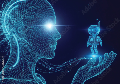Futuristic AI concept showcasing human-like digital head and a playful robot, a vision of advanced technology and artificial intelligence coming to life