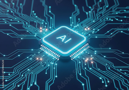 AI powered chip with glowing circuit board for cutting-edge technology solutions and digital transformation in the future of artificial intelligence