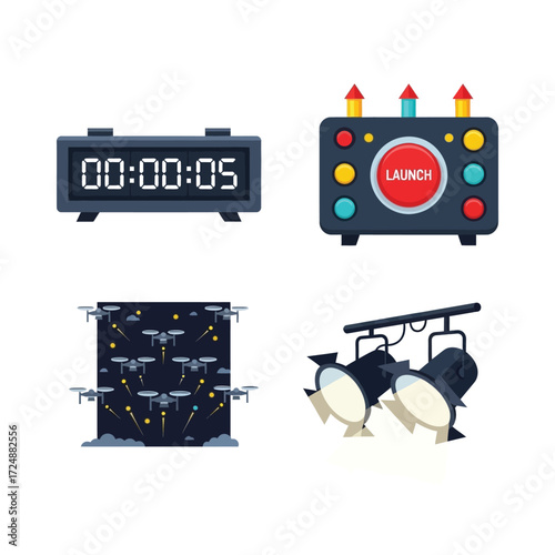 A collection of four illustrations: a digital timer, a launch control panel, drones in the sky, and stage lights.