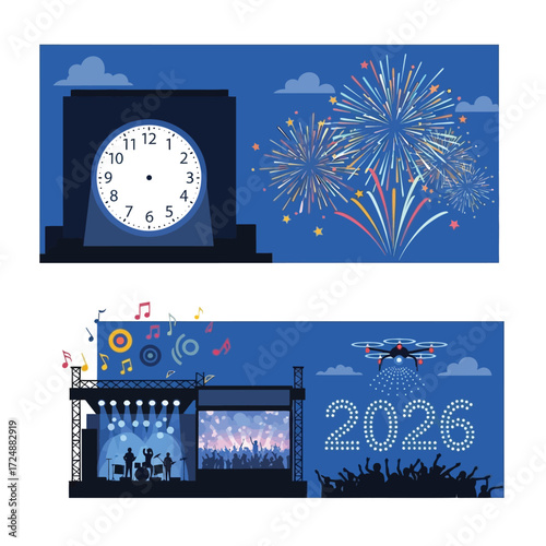 Two banners depicting a clock, fireworks, concert stage, drone, and the year 2026.