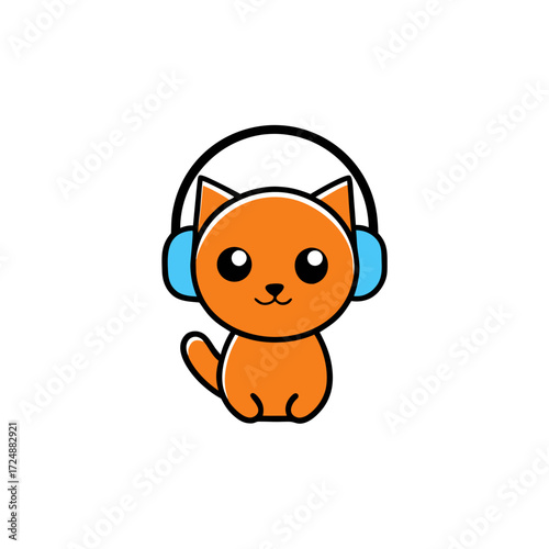 Adorable Orange Cat Wearing Headphones Vector Illustration