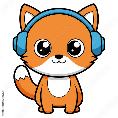 Cute Cartoon Cat Listening to Music Vector Illustration