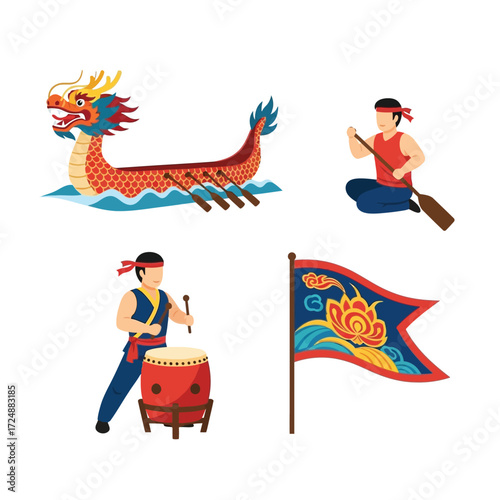 Vibrant illustration of Dragon Boat Festival elements including a dragon boat, paddler, drummer, and decorative flag.