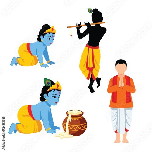 Illustrations of Lord Krishna in various poses, with a devotee offering prayer.