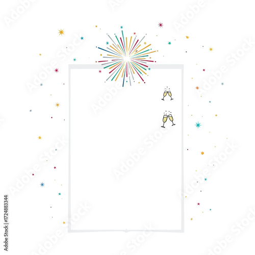 Festive blank card with fireworks, champagne flutes, and confetti, ready for a message.
