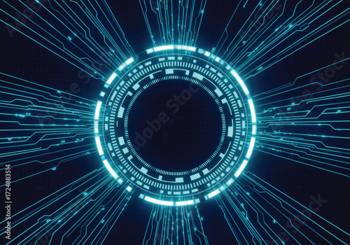 Futuristic glowing blue circle with radiating lines symbolizes innovation and technological advancement, ideal for science, data, and network concepts