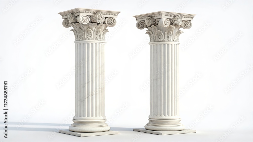 Obraz premium Two ornate classical corinthian columns standing tall against a clean white background with intricate detailing