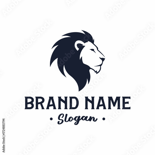 A minimalist logo featuring a stylized lion's head in profile, with the text "BRAND NAME" and "Slogan" below.