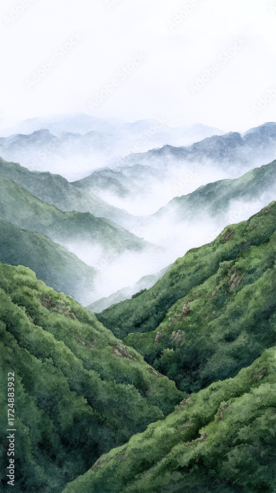 Obraz premium Breathtaking Watercolor Landscape of Majestic Mountains and Lush Green Valleys Enveloped in Soft Mist, Capturing the Essence of Nature's Tranquility and Beauty
