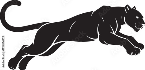 Dynamic silhouette of a leaping black panther in full motion powerful predator stalking wild animal