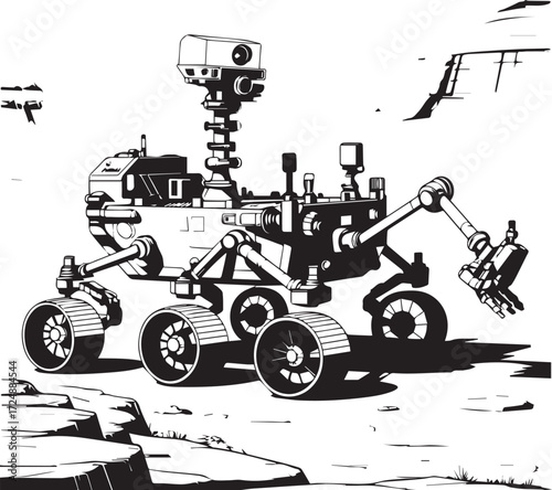 Detailed ink drawing of mars rover exploring alien planet surface landscape science