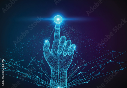 Futuristic glowing hand touching a digital interface with interconnected networks, perfect for technology, innovation, and cutting-edge design concepts