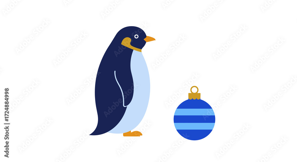 Obraz premium Penguin standing next to a blue ornament for Christmas 