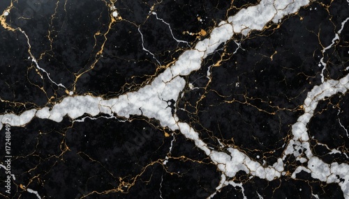 Sophisticated black marble with gold and white veining creates a luxurious and modern texture, perfect for backgrounds and high-end design projects