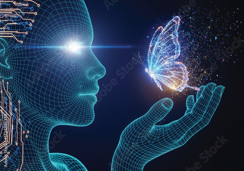 Stunning 3D wireframe figure with glowing butterfly, symbolizing digital transformation and futuristic technology concepts for innovation and progress