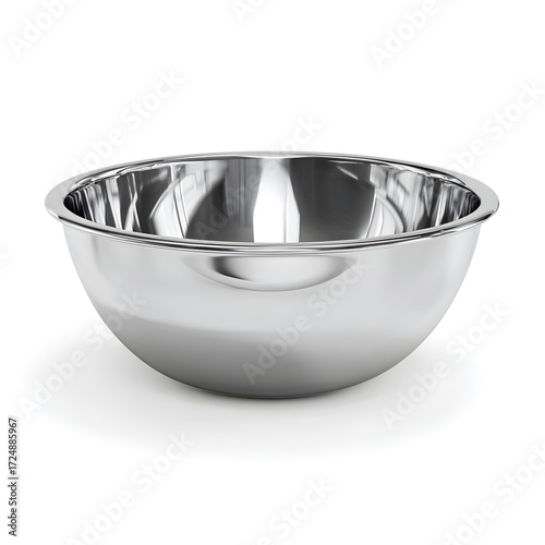 Shiny empty stainless steel mixing bowl isolated on white, culinary preparation, kitchenware, clean aesthetic