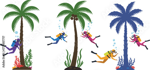 Surreal underwater palm trees, scuba divers exploring tropical ocean scene, coral reef plants, fantasy marine landscape, diving adventure, aquatic nature, creative illustration