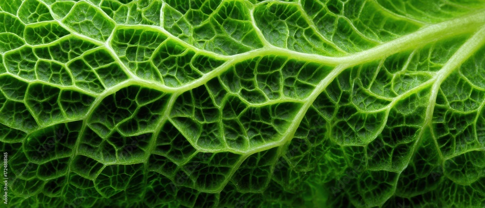 Obraz premium Close - up shot of a vibrant green leaf, showing intricate vein patterns and textured surface, highlighting its natural botanical structure.
