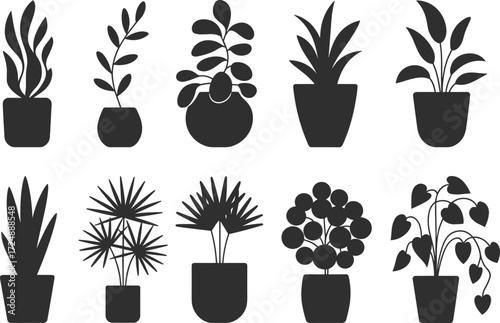 Black silhouette potted plants icons, indoor houseplant vector set, modern botanical illustration collection, decorative nature elements, cad drawing flat vector illustration