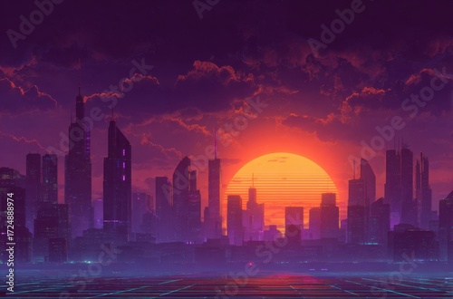 A cyberpunk - styled cityscape at sunset features tall skyscrapers, a large orange sun, a purple - hued sky with clouds, and a neon - grid ground.