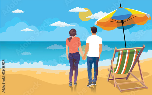 couple of tourist or students with backpack on the beach in Summer holiday vacation concept. Colorful and flat illustration. Vector