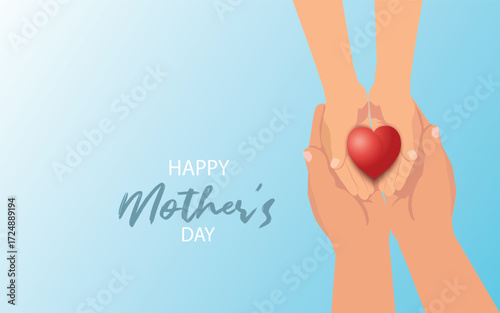  Happy Mother's Day or International Day of Families.Happy women's day.Heart in the hands of daughter and mother on a blue background.I love you.Banner for store.Greeting card. Banner. vector, 