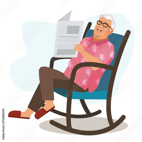 senior man with newspaper in rocking chair. Vector illustration