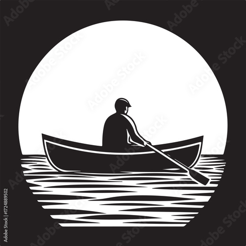 Canoeist Paddling in Circular Water and Sun Design