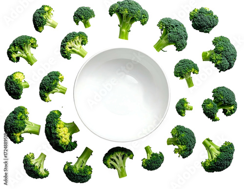 Fresh broccoli florets arranged around a blank white bowl