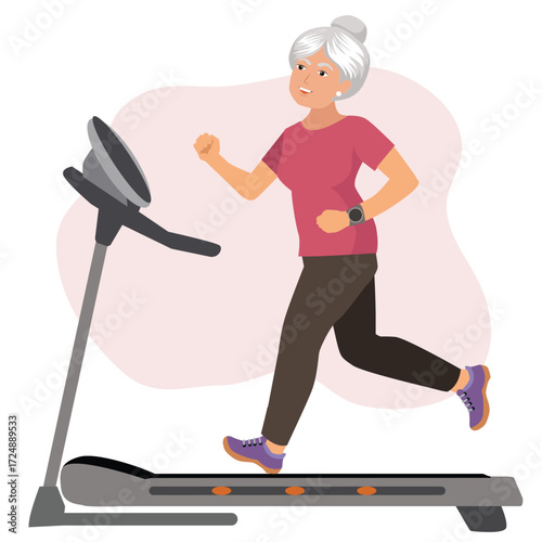 Elderly woman Running on the Treadmill Vector Cartoon Illustration. Grandma doing physiotherapy recovery gymnastics leg exercise. illustration