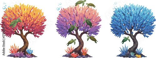Underwater fantasy trees, colorful coral forest, sea turtles swimming, marine life illustration, vibrant ocean scene, whimsical aquatic nature, tropical reef art