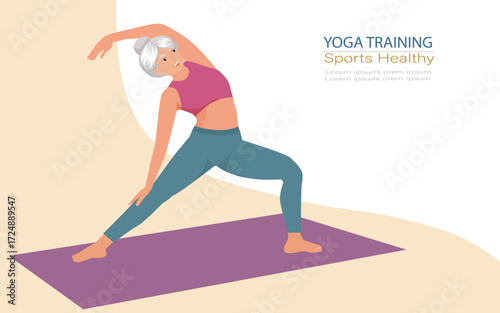 Attractive senior woman doing sport at home. Fitness yoga training . Healthy lifestyle concept. vector, illustration