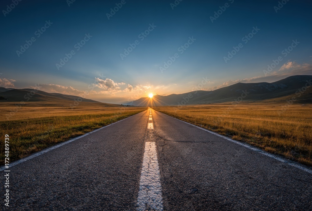 Fototapeta premium Straight asphalt road leads to horizon at golden sunset in a grassland valley. Blue sky above