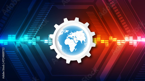 Global Technology Gear Vector Illustration with Glowing Neon Blue and Red Digital Background and Futuristic Circuit Pattern for Innovation, Industry and World Connection Concept