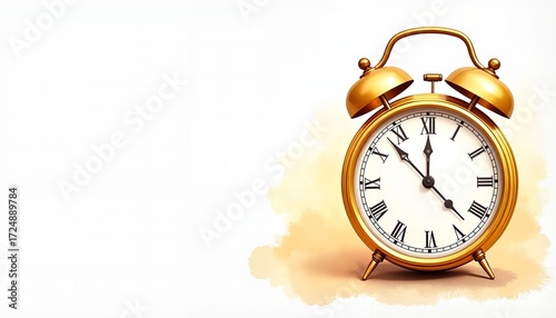 Golden alarm clock on white background representing New Year celebration  