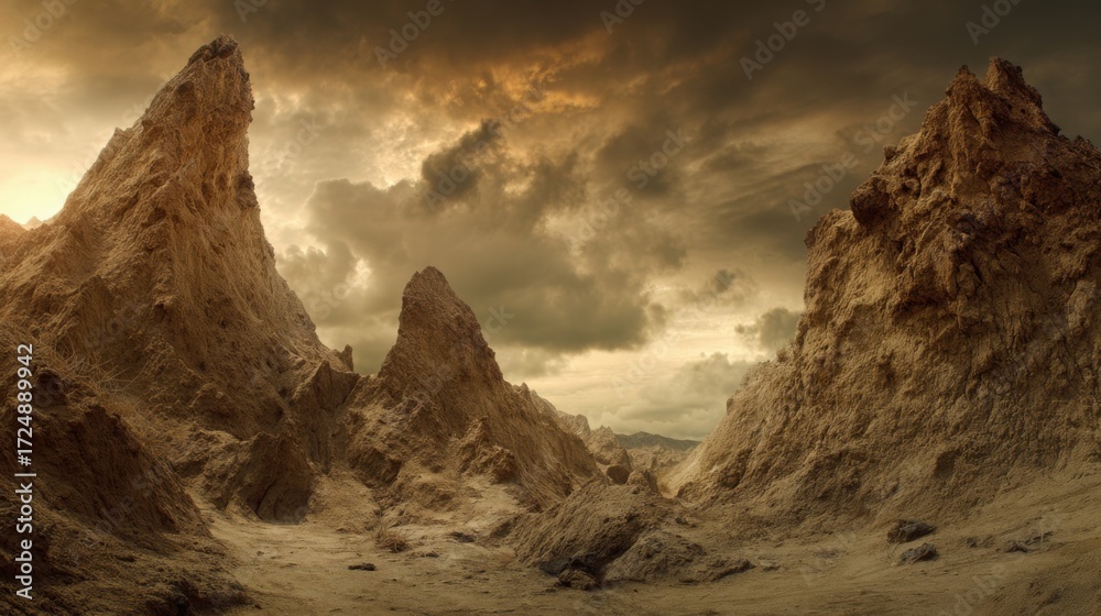 Naklejka premium plateau. Dramatic desert canyon with striking rock formations under a warm sunset sky. inspiring travel planning, travel magazines, designed for outdoor magazines and nature guides.