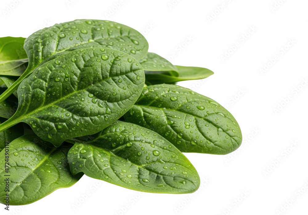 Fototapeta premium Vibrant emerald-green spinach leaves with glistening water droplets, artfully piled on a transparent background with copy space, lit by soft studio light, concept of healthy food ingredients