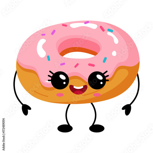 Cute kawaii donut character with pink icing and sprinkles