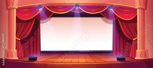 Vector art of theater stage with red curtains and a blank screen