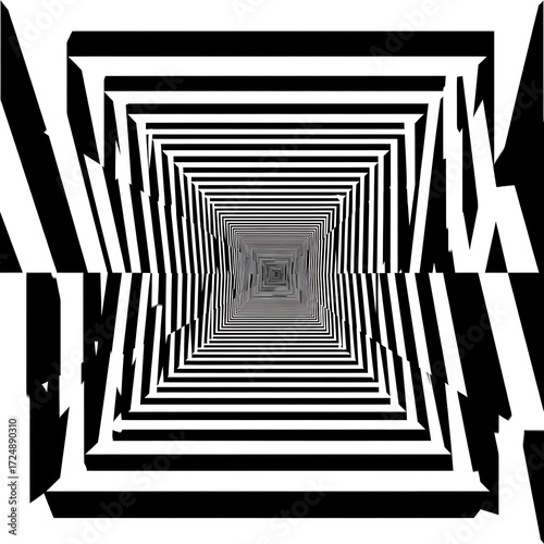 Fototapeta Naklejka Na Ścianę i Meble -  A captivating black and white optical illusion design showcasing a converging tunnel effect, with repeating squares and lines creating a sense of depth and perspective.