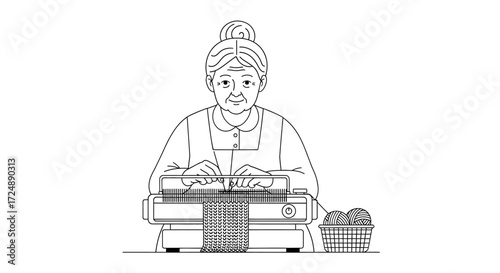 Grandma knitting cozy crafts with machine, a heartwarming hobby bringing joy and creativity, perfect for family projects and handmade gifts for loved ones