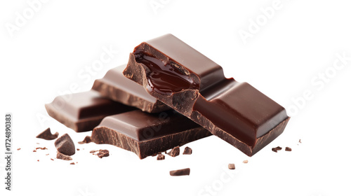 Dark chocolate bar pieces with filling isolated on a transparent background