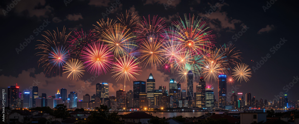 Fototapeta premium Spectacular fireworks celebration over city skyline at night urban festivity vibrant environment aerial view