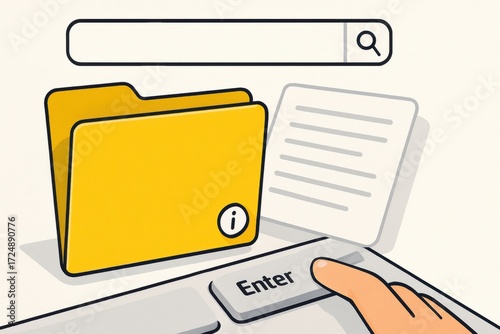 Illustration of folder, document, and search bar with hand pressing enter key for digital file search and management
